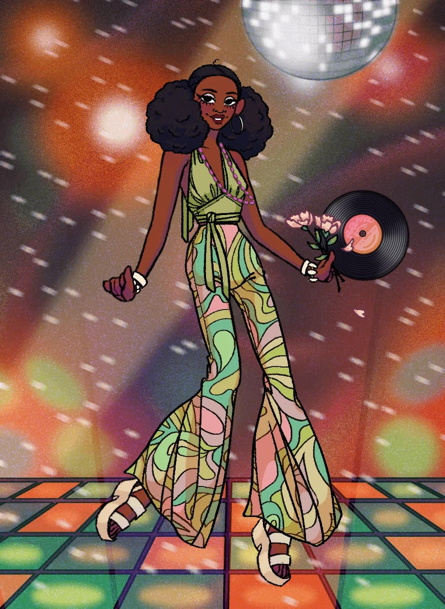 a dolldivine image of a black woman dressed in 1970s clothes